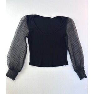 Altar'd Staye Black Ribbed Knit Top Sheer Mesh Swiss Dot Balloon Sleeve Medium